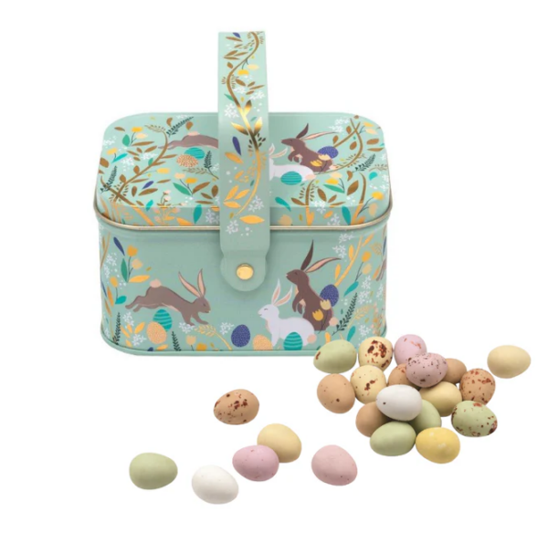 sara miller-easter basket tin with chocolate eggs